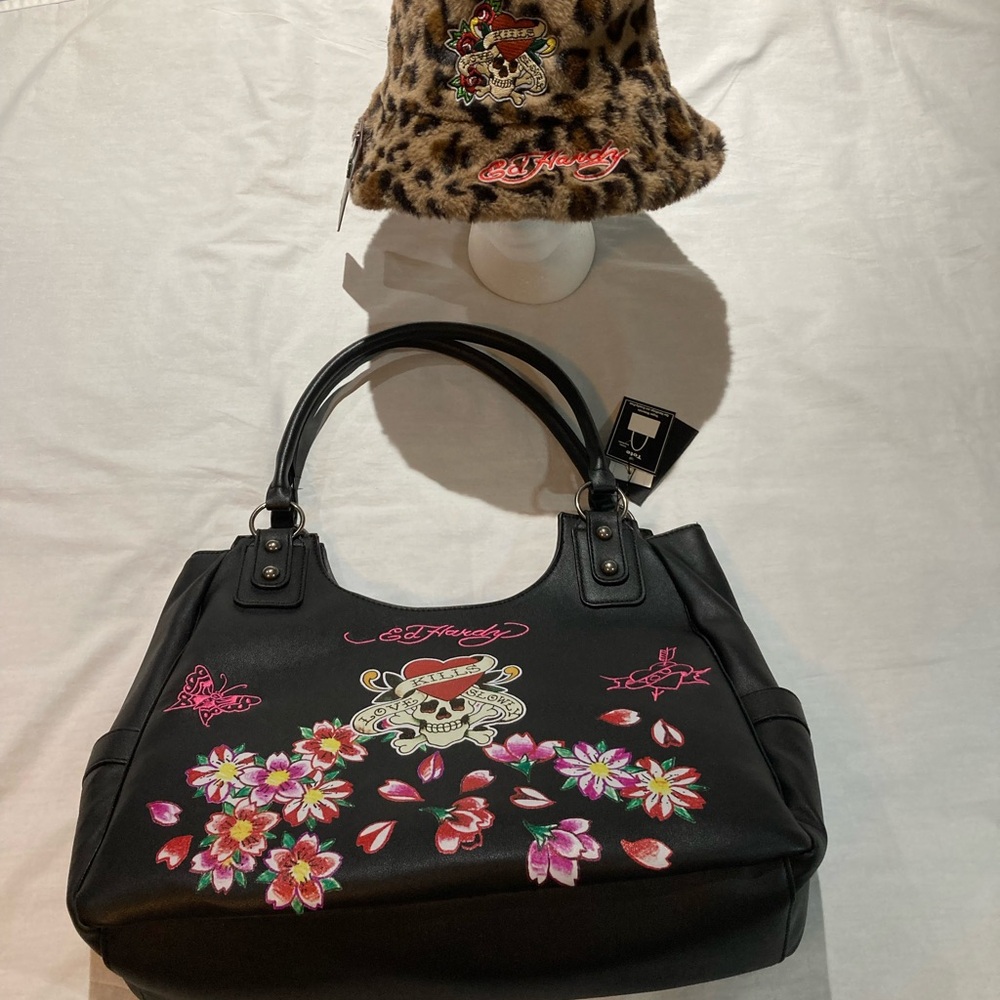 Ed Hardy Love Kills Slowly Tote Bag W/ Leopard Print Faux Fur Bucket Hat. NWT!